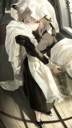 1girl a0lp animal_ear_fluff animal_ears apron arknights bed_sheet black_dress breasts dress grey_eyes highres lappland_(arknights) large_breasts maid maid_apron one_eye_closed scar scar_on_face solo white_apron wolf_ears wolf_girl