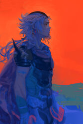 1boy absurdres armor bandana beads breastplate cape closed_mouth commentary_request earrings final_fantasy final_fantasy_ii firion from_side gauntlets hair_beads hair_ornament highres holding holding_sword holding_weapon jewelry long_hair low_ponytail male_focus orange_eyes ponytail red_background shirt shoulder_armor shoulder_spikes spiked_hair spikes standing sword tokumei_wombat weapon white_hair