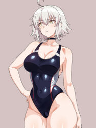 1girl ahoge bare_shoulders black_one-piece_swimsuit blush breasts competition_swimsuit covered_navel fate/grand_order fate_(series) highleg highleg_one-piece_swimsuit highres jeanne_d&#039;arc_alter_(fate) medium_breasts multicolored_swimsuit one-piece_swimsuit shiny_skin short_hair simple_background solo standing swimsuit thighs two-tone_one-piece_swimsuit two-tone_swimsuit white_hair yellow_eyes zatsu
