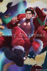 Rule 34 | 1boy, absurdres, alca (wakatanka4), animal ears, bara, bare pectorals, beard, black hair, box, christmas, commission, creature, cross-laced footwear, english text, facial hair, falling, foot out of frame, foreshortening, full body, fur-trimmed jacket, fur trim, gift, gift box, gyee, hat, highres, jacket, lion boy, lion ears, looking at viewer, male focus, mature male, merry christmas, muscular, muscular male, nipples, open clothes, open jacket, original, pectorals, perspective, powerlesssong, santa costume, santa hat, short hair, sideburns, solo, thick eyebrows