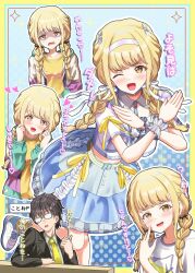1boy 1girl :d ;d absurdres black_hair black_jacket blonde_hair blue_skirt blush braid brown_eyes clothes_writing collared_shirt fang formal_clothes frilled_skirt frills fujita_kotone gakuen_idolmaster glasses hair_ornament hair_over_shoulder hair_ribbon hairband hands_up headband heart highres hood hooded_jacket idolmaster jacket long_hair long_sleeves looking_at_viewer low_twintails masamune_mino multiple_views necktie one_eye_closed opaque_glasses open_clothes open_jacket open_mouth polka_dot polka_dot_background ribbon shaded_face shirt shoes short_sleeves skin_fang skirt smile sneakers sparkle standing standing_on_one_leg suit thumbs_up twin_braids twintails v-shaped_eyebrows white_hairband white_headband white_ribbon white_shirt wrist_cuffs yellow_eyes yellow_necktie yellow_shirt