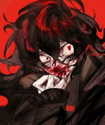 1boy black_hair black_jacket black_shirt blood blood_on_face blood_on_mouth grin hair_between_eyes heart heart-shaped_pupils highres jacket john_doe_(visual_novel) john_doe_(visual_novel)_(character) lllzlllz long_hair long_sleeves male_focus off_shoulder open_clothes open_jacket pale_skin red_background shirt sketch sleeves_past_wrists smile solo symbol-shaped_pupils upper_body yandere