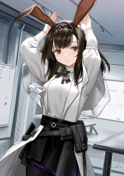 1girl absurdres animal_ear_hairband animal_ears arknights arms_up black_hairband black_skirt brown_eyes brown_hair closed_mouth coat commentary_request cowboy_shot fake_animal_ears hairband highres indoors lab_coat lapels long_sleeves medium_hair priestess_(arknights) rabbit_ear_hairband rabbit_ears rabbit_pose signature skirt smile solo standing sweatdrop sweater turtleneck turtleneck_sweater welt_(kinsei_koutenkyoku) white_coat white_sweater