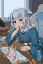 :3 :d blue_eyes blue_hair blue_hoodie blue_nails blunt_bangs chair commentary computer_keyboard computer_mouse ebi-chan_(gawr_gura) english_commentary fins fish_tail gaming_chair gawr_gura gawr_gura_(1st_costume) grey_hair hair_ornament hand_on_own_cheek hand_on_own_face highres hololive hololive_english hood hoodie indoors karassawa long_hair long_sleeves microphone multicolored_hair nail_polish open_mouth shark_girl shark_hair_ornament shark_tail sitting smile streaked_hair swivel_chair tail two_side_up virtual_youtuber wide_sleeves