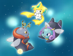 antennae blue_eyes commentary_request floating full_body gen_3_pokemon glowing green_eyes honey-cat illumise jirachi legendary_pokemon mythical_pokemon nintendo no_humans one_eye_closed pokemon pokemon_(creature) smile volbeat wings yellow_eyes