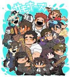 &gt;_&lt; 1girl 6+boys agyo_(housamo) animal_ears aqua_fur bara black_eyes black_hair blue_background blue_fire blue_hair blunt_bangs blush book border brown_fur brown_hair chest_tuft chibi clenched_hand closed_eyes closed_mouth cloud collared_shirt commentary_request creature cross_scar devil_(housamo) dog_boy dog_ears dog_tail eyebrow_cut facial_hair facial_mark facial_scar fang fire forehead_mark forked_eyebrows furry furry_male gakuran glasses gloves goatee grin hand_tattoo hanuman_(housamo) highres holding holding_book holding_sword holding_weapon jacket jewelry komainu_boy komainu_ears komainu_tail loafers long_hair long_sideburns magatama male_focus minamo_retasu monkey_boy monkey_tail moritaka_(housamo) motoori_shiro multiple_boys necklace necktie open_mouth outline outstretched_arms protagonist_1_(housamo) protagonist_2_(housamo) protagonist_3_(housamo) protagonist_4_(housamo) protagonist_5_(housamo) red_jacket red_necktie sakimori_toji scar scar_on_cheek scar_on_face school_uniform shirt shoes short_hair sideburns single_glove skirt smile star_tattoo stubble sword tail takabushi_kengo tattoo thick_eyebrows thighhighs tokyo_houkago_summoners tongue tongue_out translated two-tone_fur weapon white_border white_fur white_gloves white_outline white_shirt yakushimaru_ryota