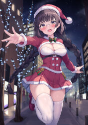 Rule 34 | 1girl, absurdres, blush, braid, breasts, brown eyes, brown hair, capelet, christmas, cleavage, covered navel, dress, fur-trimmed capelet, fur-trimmed dress, fur-trimmed headwear, fur trim, glasses, hat, highres, large breasts, long hair, looking at viewer, night, night sky, ochinsama, open mouth, original, outdoors, pleated skirt, red capelet, red dress, santa costume, santa dress, santa hat, skirt, sky, smile, solo, thighhighs, twin braids, white thighhighs