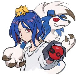 Rule 34 | 1boy, blue eyes, blue hair, bug, chinese commentary, claws, colored inner hair, commentary request, crossover, gen 5 pokemon, gen 7 pokemon, gloves, gundam, gundam gquuuuuux, highres, holding, holding poke ball, joltik, looking at viewer, lower eyelashes only, lycanroc, lycanroc (midnight), male focus, multicolored hair, nintendo, poke ball, pokemon, pokemon (creature), purple hair, red eyes, sharp teeth, shenghuotui xingxing, shirt, short hair, shuji ito, simple background, smile, solo, teeth, two-tone hair, white background, white shirt, wolf