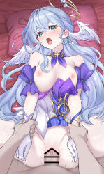 1boy 1girl absurdres armpit_crease bar_censor bed blush breasts censored clothed_female_nude_male clothed_sex clothes_lift clothes_pull collar commentary daram_(shappydude) detached_collar dress dress_lift dress_pull earrings from_above gloves green_eyes halo happy_sex head_wings hetero highres holding_another&#039;s_wrist honkai:_star_rail honkai_(series) jewel_under_eye jewelry large_breasts large_variant_set long_hair looking_at_viewer lying missionary motion_blur nipples no_panties nude on_back on_bed open_mouth penis pillow pov purple_collar purple_hair pussy robin_(honkai:_star_rail) sex spread_legs sweat thighs vaginal variant_set very_long_hair white_dress white_gloves wings
