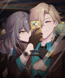 1boy aqua_shirt aventurine_(honkai:_star_rail) black_gloves black_jacket blonde_hair brown_jacket cellphone closed_mouth clothing_cutout djinchnizhnsh1 earrings gloves grey_hair hair_between_eyes highres holding holding_phone honkai:_star_rail honkai_(series) jacket jewelry long_hair multicolored_eyes phone pink_eyes shirt short_hair smartphone smile stelle_(honkai:_star_rail) trailblazer_(honkai:_star_rail) white_shirt yellow_eyes