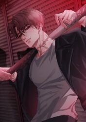 Rule 34 | 1boy, absurdres, baseball bat, black jacket, character request, closed mouth, collarbone, commentary, english commentary, fingernails, grey hair, grey shirt, gwechul, hair between eyes, highres, holding, holding baseball bat, jacket, light smile, lips, looking at viewer, male focus, open clothes, open jacket, red eyes, red light, scar, scar on neck, shirt, short hair, solo, twitter username, upper body, weapon, weapon on back, yum 606