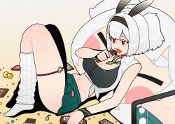 Rule 34 | 1girl, absurdres, alternate costume, alvis (last origin), animal ear hairband, animal ears, between breasts, black hairband, black sports bra, blush stickers, breasts, candy, candy wrapper, cellphone, character pillow, chocolate, chocolate bar, cleavage, dc (makezzal), eating, fake animal ears, food, gradient background, hairband, hershey&#039;s kisses, highres, holding, holding chocolate, holding food, large breasts, last origin, loose socks, miniskirt, navel, necktie, necktie between breasts, phone, rabbit ear hairband, rabbit ears, red eyes, shirt, skirt, smartphone, socks, solo, sports bra, thigh strap, tied shirt, two side up, white hair