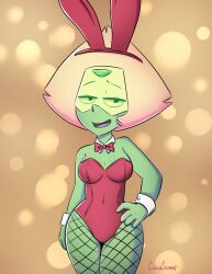 1girl animal_ears bare_shoulders bow bowtie breasts collar colored_skin covered_navel cubedcoconut detached_collar fishnet_pantyhose fishnets green_skin hand_on_own_hip highres large_breasts leotard looking_at_viewer open_mouth pantyhose peridot_(steven_universe) playboy_bunny rabbit_ears rabbit_girl red_bow red_bowtie red_leotard signature solo steven_universe strapless strapless_leotard white_collar white_wrist_cuffs wrist_cuffs