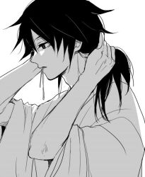 Rule 34 | 1boy, black hair, greyscale, hair between eyes, hair tie in mouth, half-closed eyes, hand in own hair, kimetsu no yaiba, long hair, male focus, monochrome, mouth hold, parted lips, shirt, sinba (ying-hua), solo, tomioka giyuu, upper body, white background, white shirt, wide sleeves