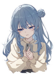 1girl blue_eyes blue_hair brat_(brabrabrat00) cellphone commentary_request cropped_torso grimace hair_bun hair_over_shoulder hands_on_own_chest hands_up highres holding holding_phone hololive hoshimachi_suisei kireigoto_(hoshimachi_suisei) long_hair long_sleeves looking_down phone puffy_long_sleeves puffy_sleeves shirt simple_background single_hair_bun smartphone solo unhappy virtual_youtuber white_background white_shirt