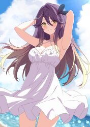 1girl absurdres armpits beach blonde_hair blue_sky breasts cloud collarbone commentary dress english_commentary feather_hair_ornament feathers frilled_dress frills gradient_hair hair_between_eyes hair_ornament highres long_hair lua_asuka multicolored_hair production_kawaii purple_hair rin_ateria second-party_source sidelocks sky solo streaked_hair virtual_youtuber water white_dress yellow_eyes