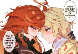 Rule 34 | 1boy, 1girl, aether (genshin impact), ahoge, black bodysuit, black gloves, blonde hair, bodysuit, braid, closed eyes, closed mouth, commentary, commission, crying, earrings, english text, forehead-to-forehead, from side, genshin impact, gloves, grin, heads together, hetero, highres, jewelry, long hair, mavuika (genshin impact), midori (midori13579), orange eyes, orange hair, simple background, smile, speech bubble, tearing up, white background