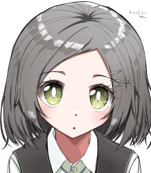1girl black_vest collared_shirt dress_shirt green_eyes grey_hair hair_ornament hairclip kantai_collection kuroshio_(kancolle) looking_at_viewer one-hour_drawing_challenge shirt short_hair simple_background solo upper_body vest wada-kun white_background white_shirt