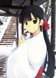 Rule 34 | 1girl, akeome, black eyes, black hair, female focus, food, grin, happy new year, japanese clothes, long hair, miko, new year, original, ponytail, smile, snow, solo, stairs, suke akurou, twintails, winter
