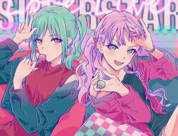 2girls aqua_hair bare_shoulders black_dress black_jacket braid bullfalk candy closed_mouth copyright_name dress expressionless food green_eyes hand_in_own_hair holding holding_candy holding_food holding_lollipop jacket lollipop long_hair love_live! love_live!_superstar!! multiple_girls off_shoulder one_side_up onitsuka_tomari open_clothes open_jacket orange_eyes pink_jacket purple_hair red_shirt shirt short_dress side_braid sitting sleeveless sleeveless_dress sleeveless_shirt v-shaped_eyebrows w w_over_head wien_margarete
