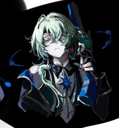 1boy anaxa_(honkai:_star_rail) aqua_hair bare_shoulders blue_eyes eyepatch fis6019 gun highres holding holding_gun holding_weapon honkai:_star_rail honkai_(series) looking_at_viewer male_focus one_eye_covered parted_lips pink_pupils side_ponytail solo teeth weapon