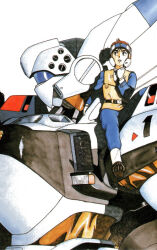 1980s_(style) 1girl alphonse_(av-98_ingram) artist_request av-98_ingram belt boots cockpit concept_art headgear izumi_noa kidou_keisatsu_patlabor light mecha official_art oldschool pilot pilot_suit police police_uniform policewoman production_art retro_artstyle robot scan traditional_media upper_body vest
