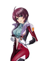 1girl :3 ahoge blue_eyes breasts crop_top gloves gundam gundam_seed gundam_seed_destiny head_tilt highres huo_ji_wu lunamaria_hawke mecha_pilot_suit medium_breasts midriff navel red_hair short_hair sketch solo stomach undressing white_background white_gloves
