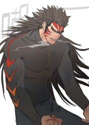 1boy absurdres baijunlang bara chinese_text facial_mark haihu highres male_focus mr.greenbluefish muscular muscular_male pectorals skin_tight solo spiked_hair steam thick_eyebrows tiger_stripes wushen