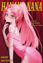 1girl absurdres ass bad_tag bare_shoulders blue_streaks blush character_name cover cowboy_shot dress english_text evening_gown fake_cover film_grain finger_to_own_chin fingernails forehead green_eyes green_streaks hanako_nana hand_up hashtag-only_commentary highres leaning_forward long_hair magazine_cover multicolored_hair nail_polish off-shoulder_dress off_shoulder parted_bangs parted_lips pink_dress pink_hair pink_nails side_slit solo standing stellive straight_hair streaked_hair very_long_hair virtual_youtuber yeoun