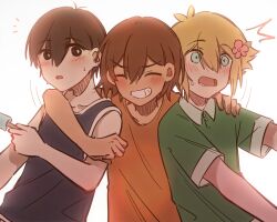 Rule 34 | 3boys, alternate costume, antenna hair, arm on another&#039;s shoulder, bailan1130, basil (faraway) (omori), basil (omori), black eyes, black hair, black tank top, blonde hair, blush, bright pupils, brown hair, closed eyes, collared shirt, dark-skinned male, dark skin, flower, food, green shirt, grin, hair flower, hair ornament, hand on another&#039;s shoulder, highres, holding, holding food, holding popsicle, kel (faraway) (omori), kel (omori), looking at viewer, male focus, multiple boys, omori, open mouth, orange shirt, parted lips, popsicle, shirt, short hair, short sleeves, simple background, smile, sunny (omori), sweat, t-shirt, tank top, teeth, white background, white pupils