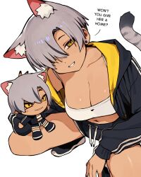 1girl :3 absurdres animal_ear_fluff animal_ears arm_on_thigh arm_rest asymmetrical_bangs big_head black_hair black_jacket black_nails black_shoes black_shorts black_tail breasts cat_ears cat_girl cat_tail character_doll chibi cleavage collarbone commentary curtained_hair dark-skinned_female dark_skin doll dot_nose double_vertical_stripe drawstring earrings elbow_on_knee elbow_rest english_commentary english_text extra_ears eyebrows_hidden_by_hair fingernails from_above full_body go!_go!_gris! grey_hair grey_tail grin hair_over_one_eye half-closed_eyes head_tilt highres holding holding_doll hood hood_down hooded_jacket invisible_floor jacket jewelry kara_(go!_go!_gris!) large_breasts leaning_to_the_side legs_apart light_blush long_eyelashes long_fingernails long_sleeves looking_at_viewer looking_up merchandise merchandise_available midriff multicolored_hair narrowed_eyes navel open_clothes open_hand open_jacket original outstretched_arms parted_bangs parted_lips promotional_art raised_eyebrows raised_inner_eyebrows seductive_smile shoes short_hair short_shorts shorts sidelocks simple_background single_off_shoulder slit_pupils smile solo sports_bra spread_arms squatting streaked_hair striped_blush striped_tail stud_earrings tail tail_raised talking teeth thick_eyelashes thighs tsurime two-sided_fabric two-sided_jacket two-tone_hair two-tone_tail vertigris white_background white_sports_bra white_trim yellow_eyes yellow_jacket