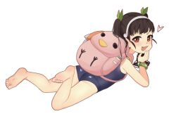 1girl ass backpack bag blue_one-piece_swimsuit blush dot_nose fang feet_up female_focus from_behind green_ribbon hachikuji_mayoi hair_ribbon hairband hands_on_own_chin head_rest highres loli looking_at_viewer looking_back lying meemz_a mesugaki monogatari_(series) naughty_face on_stomach one-piece_swimsuit one_eye_closed open_mouth pink_bag red_eyes ribbon simple_background smile smug solo swimsuit twintails white_background white_hairband