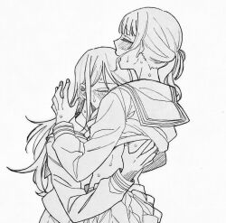 2girls character_request copyright_request hug monochrome multiple_girls mygod55555 sweat sweatdrop tagme yuri