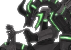 Rule 34 | 1boy, alternate form, arm at side, armor, assault visor, borreload dragon, coat, dappled sunlight, duel monster, elbow gloves, facing another, facing to the side, gloves, glowing, glowing armor, glowing eye, glowing eyes, grey armor, grey hair, grey trim, hair slicked back, haruto1192, helmet, holding hands, horns, kneeling, kogami ryoken, leaning forward, looking at another, looking down, looking up, male focus, mechanical arms, mechanical horns, mechanical legs, mechanical tail, mechanical wings, muted color, non-humanoid robot, offering hand, on one knee, open clothes, open coat, outstretched arm, partially colored, red hair, revolver (yu-gi-oh!), robot, robot dragon, shirt, solid circle eyes, spot color, sunlight, tail, white background, white coat, white gloves, white helmet, white shirt, wind, wings, yu-gi-oh!, yu-gi-oh! vrains