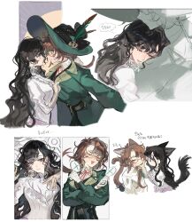 2girls animal_ears black_hair blush brown_hair cat_ears cat_girl cat_tail closed_eyes closed_mouth coat curly_hair dress english_text glasses gloves green_coat green_eyes green_hat hat head_on_chest highres hug ing_(ing205509) isolde_(reverse:1999) juliet_sleeves kakania_(reverse:1999) kemonomimi_mode korean_text large_hat long_hair long_sleeves multiple_girls open_mouth parted_lips puffy_sleeves purple_dress purple_eyes reverse:1999 speech_bubble sweatdrop tail thought_bubble translation_request white_gloves yuri