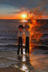 2boys absurdres beach black_pants blue_eyes brown_hair burning collared_shirt fire fishcoooo full_body grey_hair hair_between_eyes high-waist_pants highres ikari_shinji male_focus multiple_boys nagisa_kaworu neon_genesis_evangelion ocean outdoors pants red_eyes reflection reflective_water scenery shirt shoes sunset undershirt white_shirt white_shoes