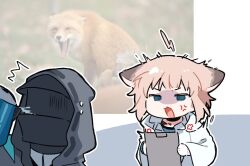 1girl 1other :3 ^^^ ahoge anger_vein angry animal_ears arknights black_coat blue_eyes chibi clipboard cloak coat covered_face doctor_(arknights) drinking ears_down fox fox_ears fox_girl gloves hissing holding holding_clipboard holding_pitcher hood hood_up lightning_ahoge long_sleeves maguro_kan mask open_mouth photo-referenced photo_inset pitcher_(container) short_hair sussurro_(arknights) upper_body v-shaped_eyebrows white_cloak white_gloves