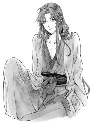 1boy ahoge bishounen chinese_clothes coat collarbone greyscale hair_down half_updo hanfu highres knee_up long_hair long_sleeves looking_at_viewer male_focus modao_zushi monochrome official_alternate_costume official_alternate_hairstyle open_clothes open_coat open_mouth pectoral_cleavage pectorals robe sash sidelocks simple_background sitting smile solo twitter_username w2biiro wei_wuxian wei_wuxian_(yiling_laozu) white_background