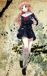 1girl black_shoes bow breasts chaos;child chest_bow collarbone cry-planet dress dress_vest dynamic_pose full_body hair_between_eyes hair_ribbon hekiho_academy hekiho_academy_school_uniform highres jacket kneehighs kurusu_nono legs loafers long_hair long_sleeves medium_breasts open_mouth orange_hair purple_eyes red_bow red_ribbon ribbon sailor_collar school_emblem school_uniform shirt shoes skirt socks solo standing standing_on_one_leg sumo_sticker_(chaos;child) thick_thighs thighs tongue white_sailor_collar white_socks worried