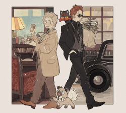 2boys armchair aziraphale_(good_omens) bag black_footwear black_fur black_jacket black_shirt blue_eyes bow bowtie brown_bow brown_bowtie brown_footwear brown_fur brown_hair brown_jacket brown_pants car cat chair colored_sclera cookie crossover crowley_(good_omens) dress_shoes food food_in_mouth gen_7_pokemon good_omens green_shirt grey_vest highres holding holding_bag holding_food holding_plate jacket lamp litten looking_at_another luminous_slime motor_vehicle multiple_boys nintendo on_shoulder open_mouth pants paper_bag plate pokemon pokemon_(creature) pokemon_on_shoulder red_fur rockruff round_eyewear shirt short_hair slit_pupils tinted_eyewear turtleneck turtleneck_shirt two-tone_fur vest yellow_sclera