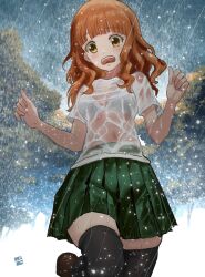 1girl black_thighhighs bra girls_und_panzer green_skirt highres kainushi long_hair ooarai_school_uniform open_mouth orange_eyes orange_hair outdoors rain school_uniform shirt shoes skirt solo standing takebe_saori teeth thighhighs tree underwear upper_teeth_only white_bra white_shirt
