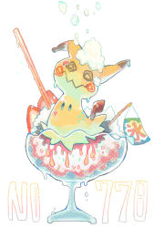 akadako animal_focus black_eyes creatures_(company) dessert drinking_straw flag food food_focus fruit full_body game_freak gen_7_pokemon in_bowl in_container in_food japanese_text mimikyu nintendo no_humans one-hour_drawing_challenge pokemon pokemon_(creature) shaved_ice solo strawberry translated