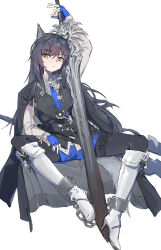 absurdres animal_ears arknights black_coat black_pantyhose boots bound bound_legs chain coat grey_hair highres long_hair pantyhose sao7 sword texas_(arknights) texas_the_omertosa_(arknights) weapon yellow_eyes