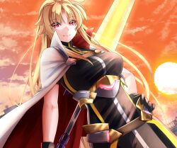 Rule 34 | 1girl, adapted costume, bardiche (nanoha), bardiche (riot blade) (nanoha), black dress, breasts, cloak, commentary request, dress, dutch angle, evening, fate testarossa, highres, large breasts, long hair, looking at viewer, lyrical nanoha, mahou shoujo lyrical nanoha strikers, outdoors, paid reward available, red eyes, solo, sougetsu izuki, sun, sword, weapon, white cloak