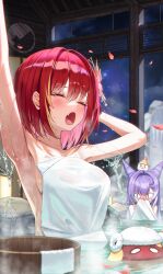 Rule 34 | &lt;|&gt; &lt;|&gt;, 2girls, akane lize, alternate hairstyle, animal ears, armpits, arms up, blush, braid, breasts, bucket, closed eyes, collarbone, colored inner hair, commentary request, covering privates, embarrassed, fall (aki), fang, flower, fox ears, fox girl, hair flower, hair ornament, highres, holding, holding towel, inari (tenko shibuki), indoors, korean commentary, long hair, medium breasts, multicolored hair, multiple girls, night, night sky, nude, nude cover, onsen, open mouth, partially submerged, pienna (akane lize), pink hair, purple hair, red hair, shadow, short hair, sideboob, single braid, single tear, skin fang, sky, slit pupils, star (sky), starry sky, stellive, stretching, tenko shibuki, towel, two-tone hair, water, wet, wooden bucket, yawning