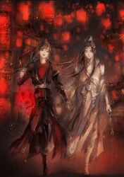 Rule 34 | 2boys, aged down, animal lantern, architecture, bishounen, black boots, black hair, black hanfu, boots, brown hair, chinese clothes, closed mouth, east asian architecture, faux traditional media, full body, grey eyes, hair ribbon, hanfu, headband, high ponytail, highres, holding, holding hands, holding lantern, holding sword, holding weapon, ink wash painting, kcllzas163, lan wangji, lantern, light particles, long hair, long sleeves, looking at another, male focus, modao zushi, multiple boys, night, open mouth, outdoors, paper lantern, ponytail, red ribbon, red theme, ribbon, robe, smile, standing, sword, tassel, third-party source, walking, weapon, wei wuxian, white boots, white hanfu, white headband, xiao guan (headdress), yaoi, yaopei, yellow eyes