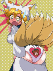 1990s_(style) 2girls absurdres ass blonde_hair blue_tabard blush brown_hair butt_crack chen comedic_sweatdrop commission earrings embarrassed full-face_blush hat heart heart_panties heart_print highres jewelry kitsune long_sleeves looking_back miwijag1997 multiple_girls multiple_tails nekomata notice_lines open_mouth panties pixiv_commission print_panties retro_artstyle sweatdrop tabard tail torn_clothes touhou underwear white_hat yakumo_ran yellow_eyes
