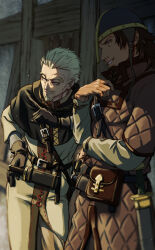 2boys absurdres askeladd beard bjorn_(vinland_saga) blonde_hair brown_coat brown_gloves brown_hair coat crossed_arms facial_hair gloves grey_coat grin helmet highres knife looking_at_another male_focus mature_male multiple_boys parted_lips pointing sheath shirube_akashi smile sword teeth viking vinland_saga weapon