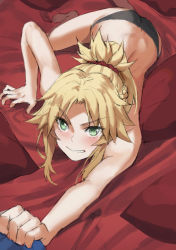 1girl bare_shoulders black_panties blonde_hair blush braid breasts clenched_teeth fate/apocrypha fate_(series) green_eyes hair_ornament hair_scrunchie half_up_braid highres long_hair looking_at_viewer mordred_(fate) mordred_(fate/apocrypha) panties parted_bangs ponytail red_scrunchie scrunchie sidelocks small_breasts teeth tonee underwear v-shaped_eyebrows