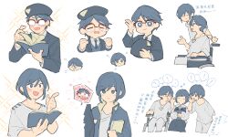 2boys 2girls :d adjusting_eyewear blue_hair blue_hat blue_jacket book brother_and_sister chibi chibi_inset clenched_hands closed_eyes closed_mouth commentary_request excited fukurai_azami glasses hair_between_eyes hand_on_eyewear hands_up hat highres holding holding_book jacket kisaragi_ayumi kisaragi_tsutomu long_sleeves looking_at_another meguriya_ayumu multiple_boys multiple_expressions multiple_girls multiple_views opaque_glasses open_book open_mouth pants red-framed_eyewear shirt short_hair siblings simple_background smile spoilers toshi_densetsu_kaitai_center translation_request upper_body wheelchair white_background white_pants white_shirt xinhao